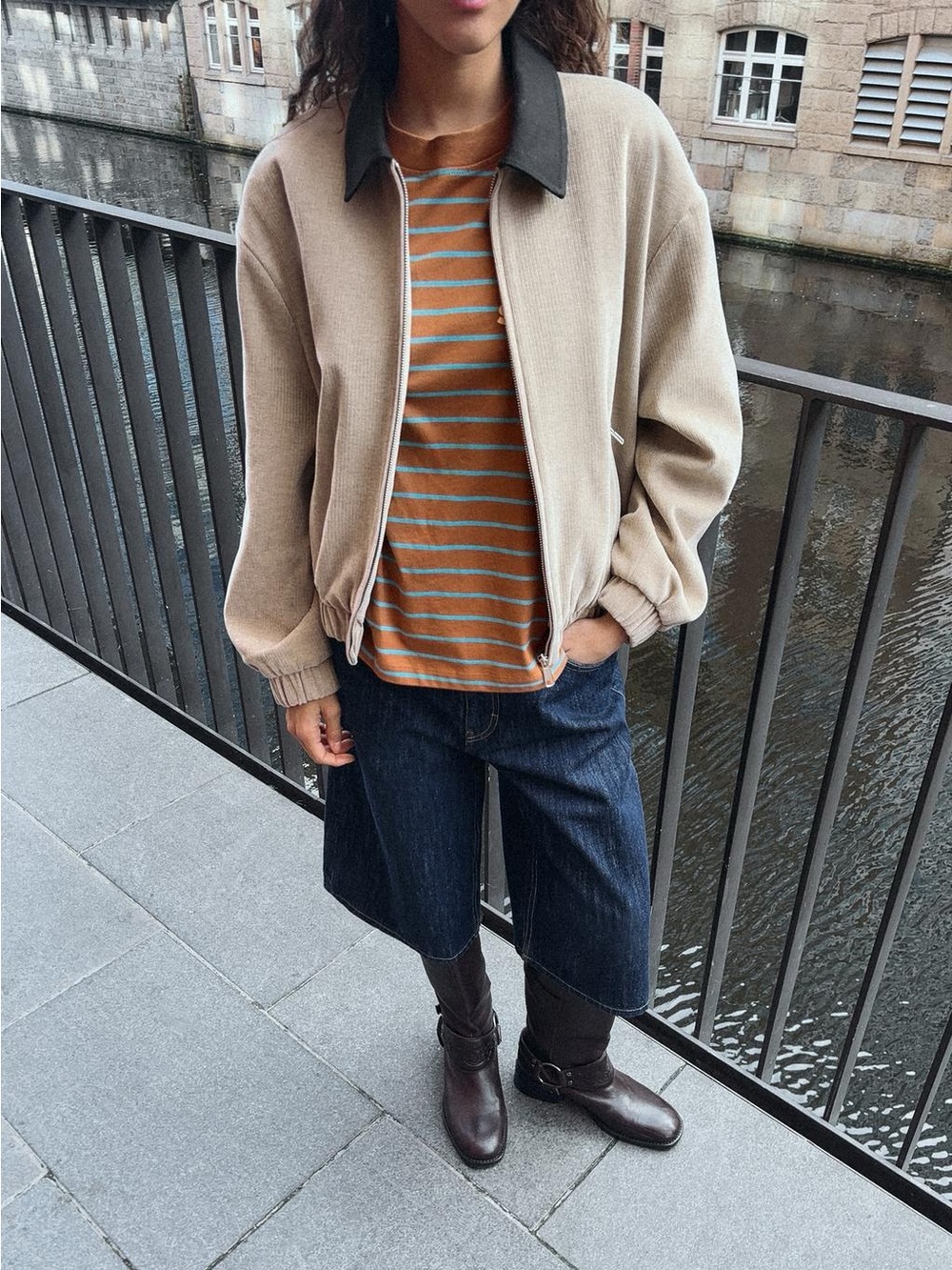 Zara Contrast Collar Corduroy Bomber Jacket - Beige NWT